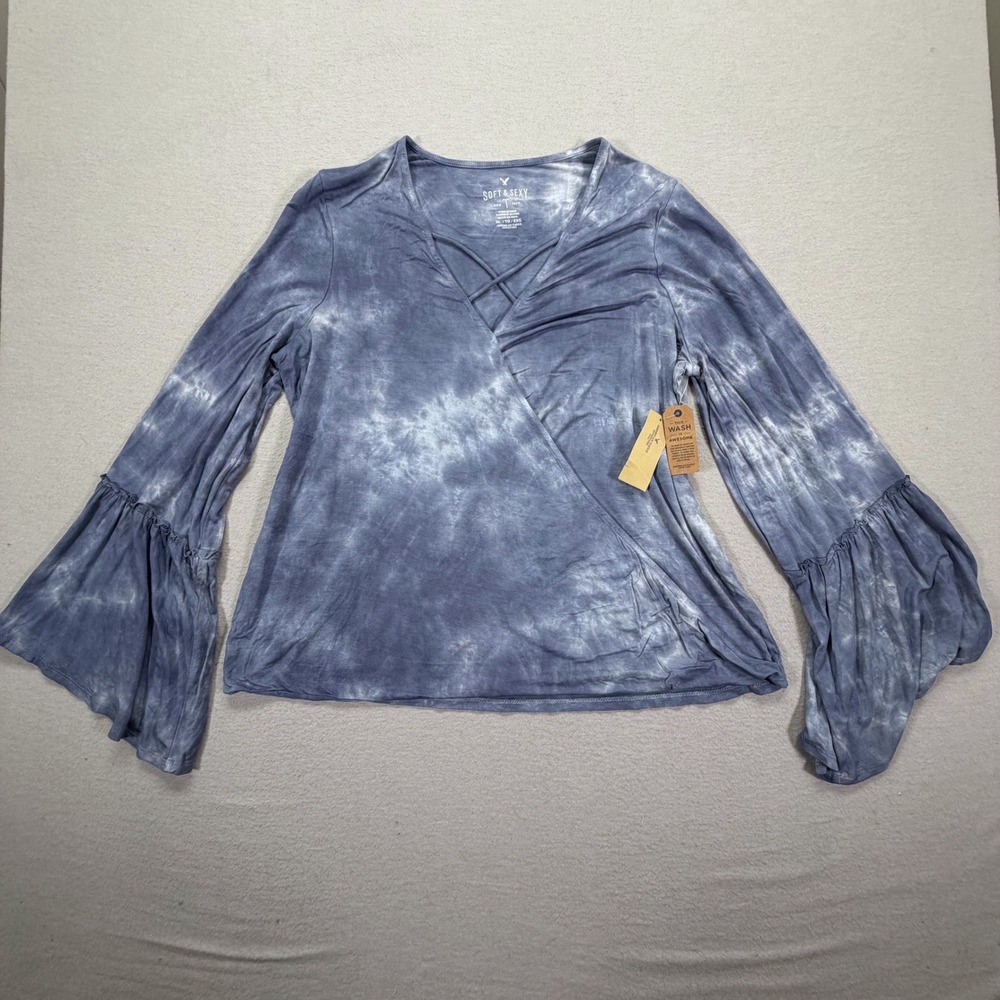 American Eagle Top Womens XL NWT Blue Tie Dye Bell Sleeve Wrap V-Neck Strappy